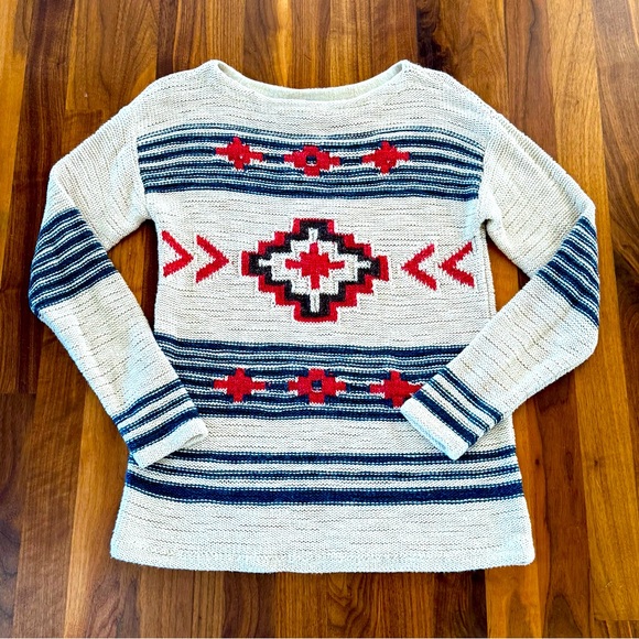 Ralph Lauren Women Pullover Sweater XS Beige Red Navy Aztec Lightweight Cotton - Picture 1 of 6